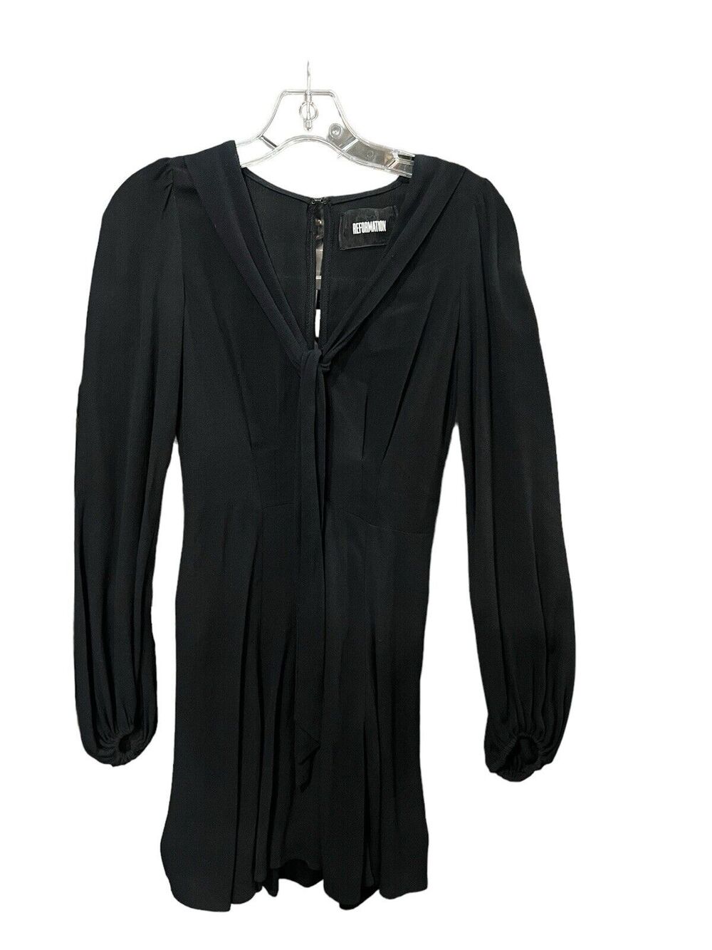 Vintage Reformation Women Black Tie Front Dress w/ Neck Tie Long Sleeve 0